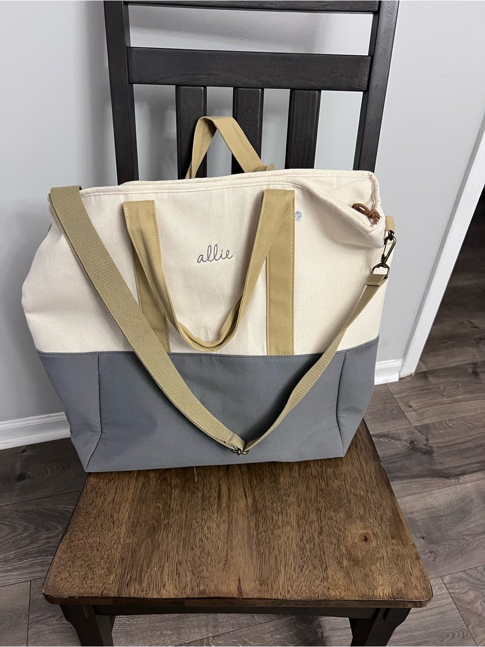 Allie Two-Tone Canvas Tote in Cream and Gray with Tan Straps